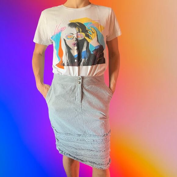 Cynthia Steffe Knee length Straight Ruffled New Prep Stripe Vintage Skirt Size 6 - Picture 3 of 12